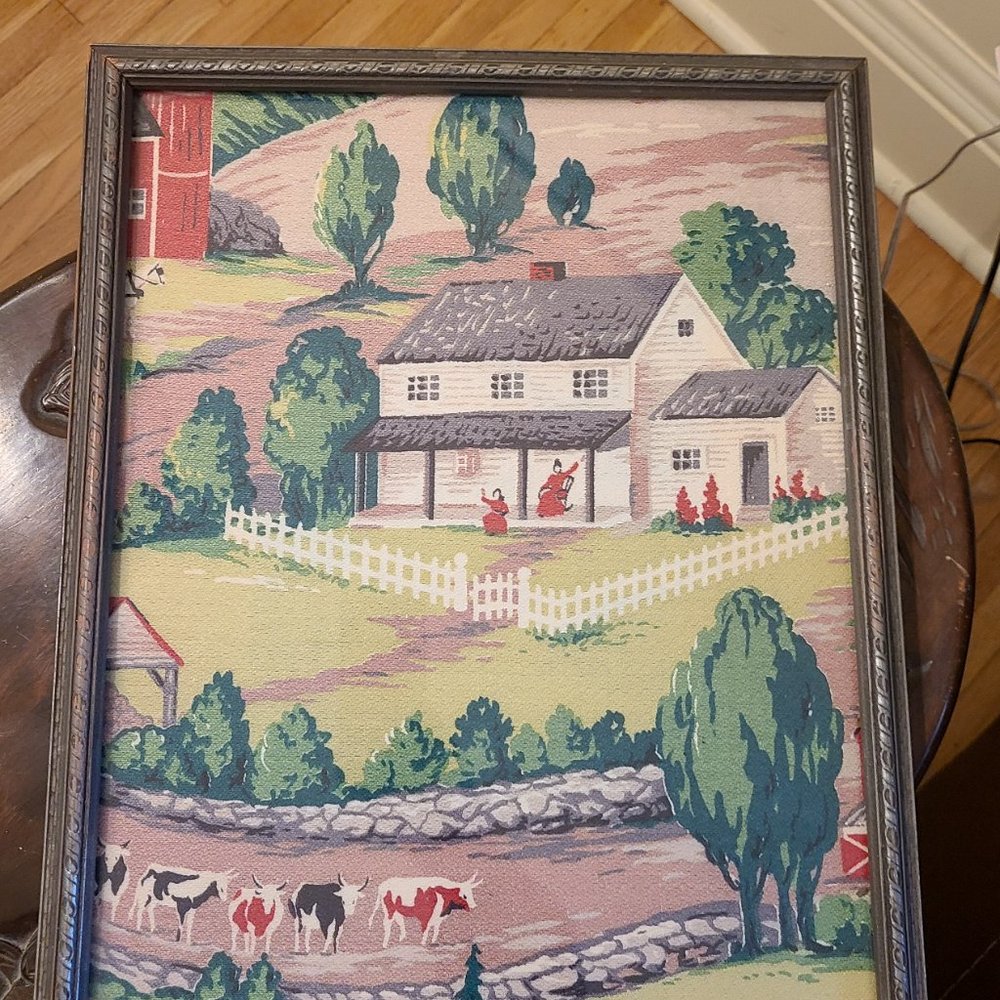 Vintage Framed Textile with Farm And Women